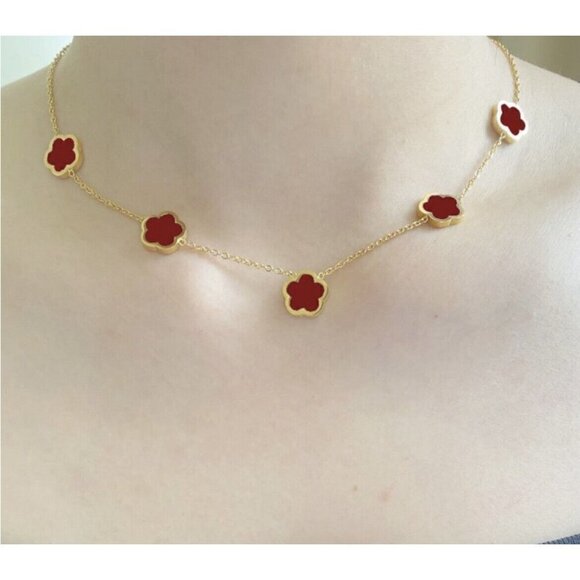 18K Gold Plated RED Clover Necklace 5 Petals stainless steel Womens jewelry - Picture 3 of 10